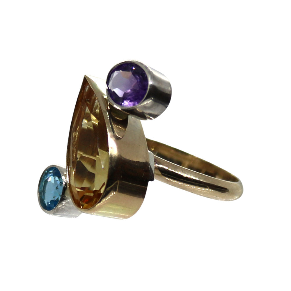 One Off Sterling fashion / statement recycled gold and silver ring  Amethyst Citrine Topaz