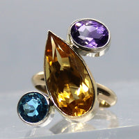 One Off Sterling fashion / statement recycled gold and silver ring  Amethyst Citrine Topaz