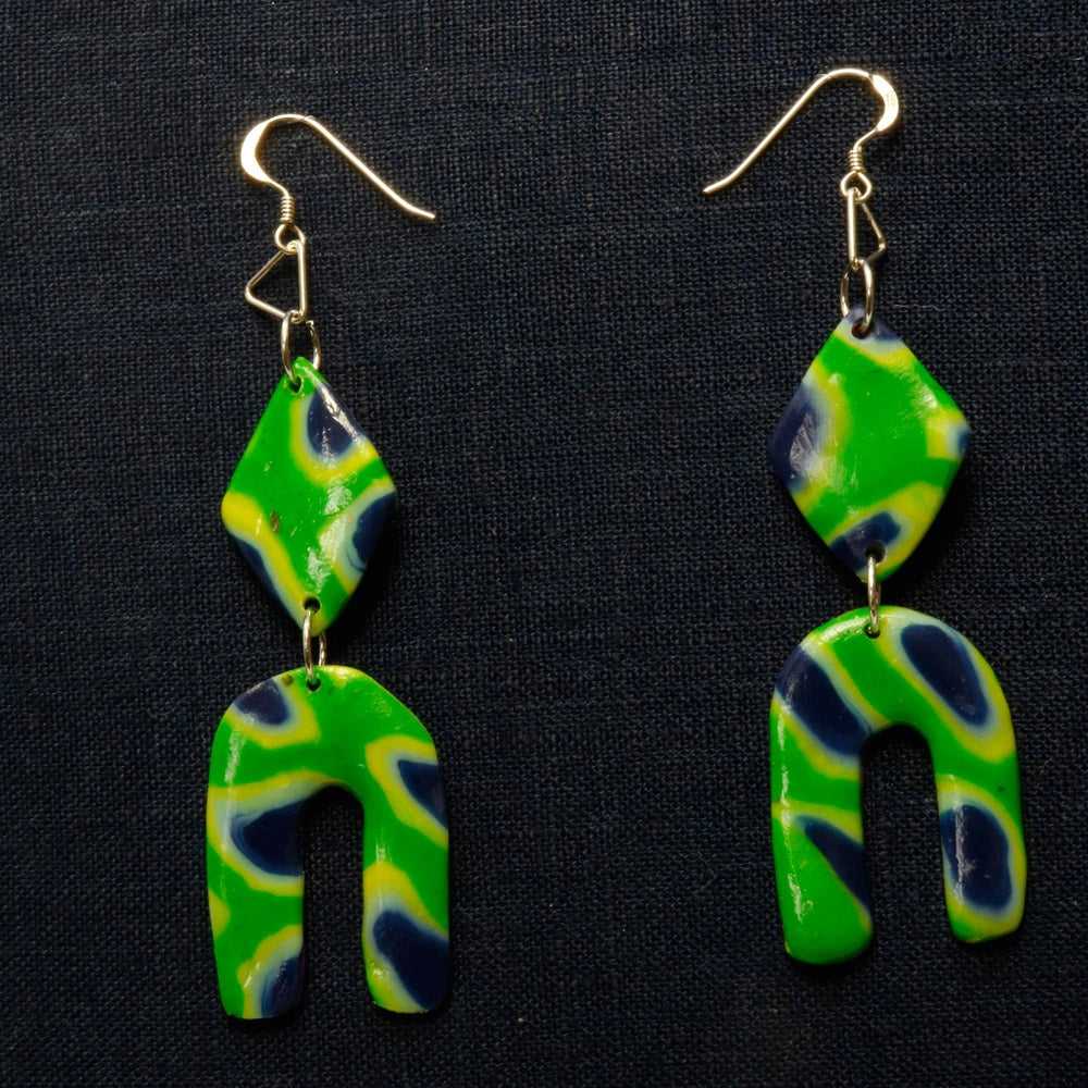 Green & Blue Double Shapes Polymer Clay Earrings with sterling silver hooks