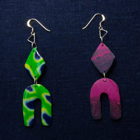 Green & Blue Double Shapes Polymer Clay Earrings with sterling silver hooks