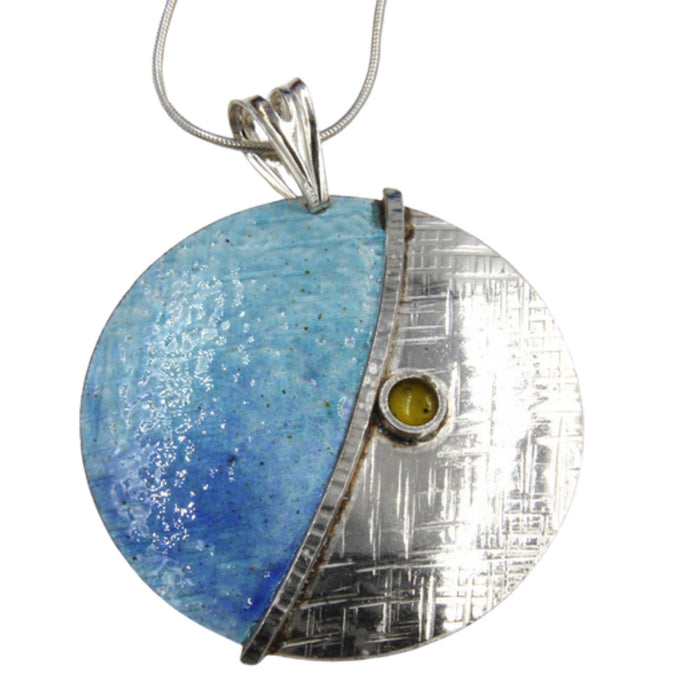 Large Turquoise, Yellow, Blue Enamelled Sterling Silver Pendant by Robert Spotten