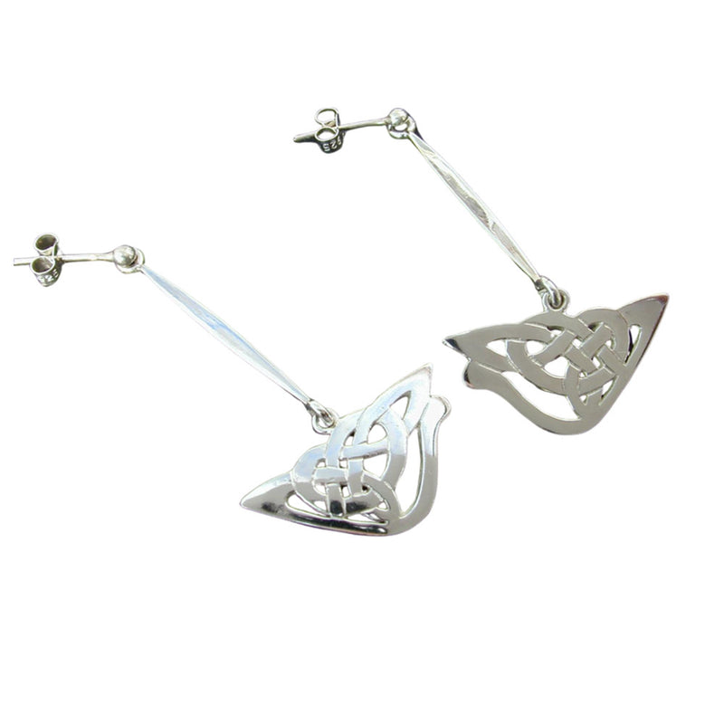 The same pattern as the top of the triangular celtic brooch has been taken to make these sterling silver earrings. They dangle at the end of a silver stem, the shape is more like a triangular semi circle with celtic open work. The fittings are made of a stem and silver ball.