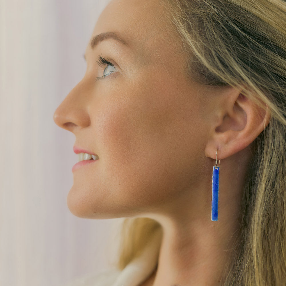 Long enamelled sterling silver earrings - blue, orange or green