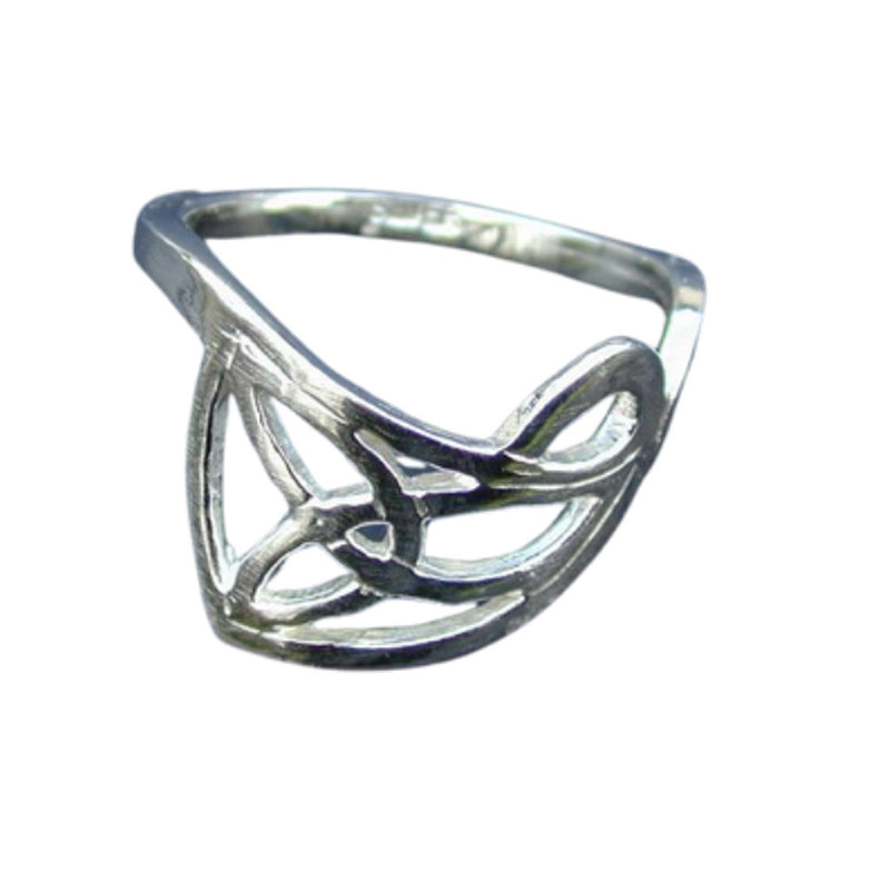 sterling silver ring with open work celtic design in a loose triangular shape 