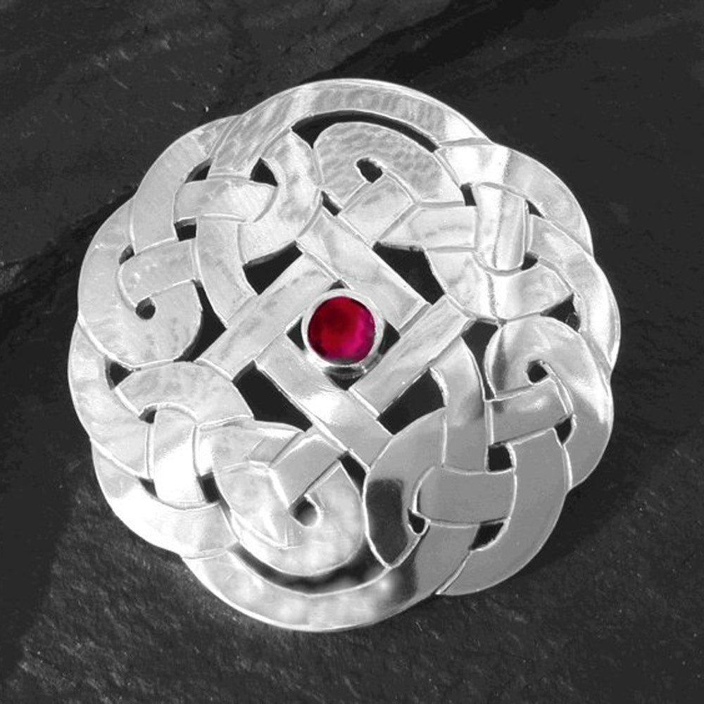 Sterling Silver Round Celtic Brooch with Red Centre Stone