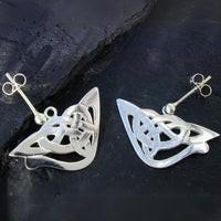 Sterling silver earrings matching the long triangular celtic brooch. The top of the brooch has been taken to form these earrings attached to a ball and stem fitting.