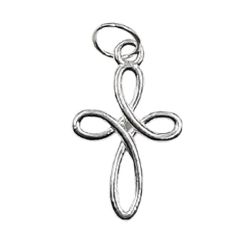 The cross is made up of 0.5mm wire with teardrop shaped sides. There is a ring soldered at the top in which a jump ring is attached. The cross is made of sterling silver is around 18 to 20mm high.