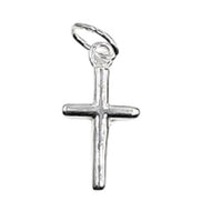 A tiny cross simply made up of two 1.5mm posts with the horizontal line at roughly a third of the vertical. A soldered ring at the top holds a jump ring. Sterling silver.