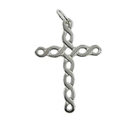 Celtic knot cross, seven knots vertically, five across. The celtic knot are made up of wavy lines crossing each other. The cross is sterling silver and a jump ring is attached to the top kno.