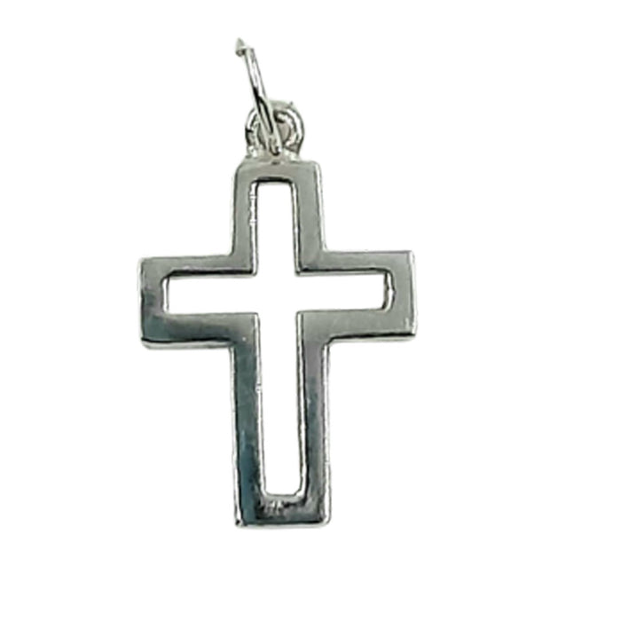 the outline on this square shaped cross is approximately 2mm thick. A soldered ring holds the jump ring. The proportion of this cross is 20mm high and 15 mm across, with the cross section at around one third down.