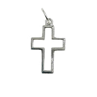 This cross is made of a square shaped 0.3mm outline. The centre is void.  At the top, a soldered ring holds the jump ring. The side of the cross is around 5mm wide.