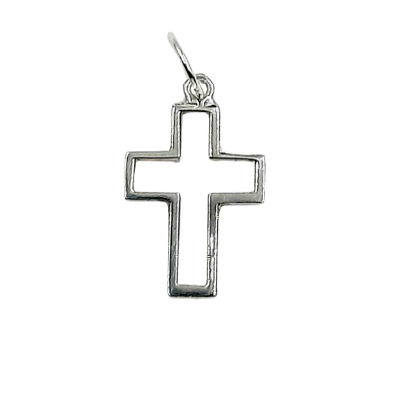 This cross is made of a square shaped 0.3mm outline. The centre is void.  At the top, a soldered ring holds the jump ring. The side of the cross is around 5mm wide.