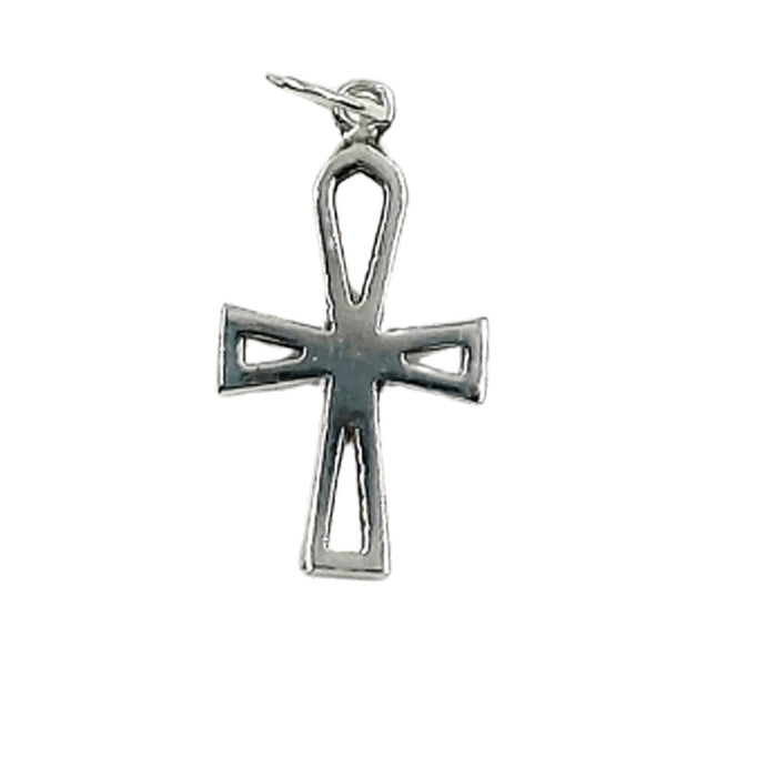 the top side of the cross is of a tear drop shape with the point towards the bottom, the other sides of the cross are with square corners with a tapering towards the centre.  The centre is solid whereas the side of the cross are pierced out. A soldered ring at the top holds the jump ring. The cross is set on a white background.