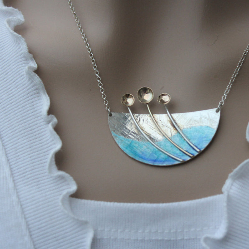 Flowers in Water - Blue Enamelled Sterling Silver and Gold Designer Necklace by Robert Spotten