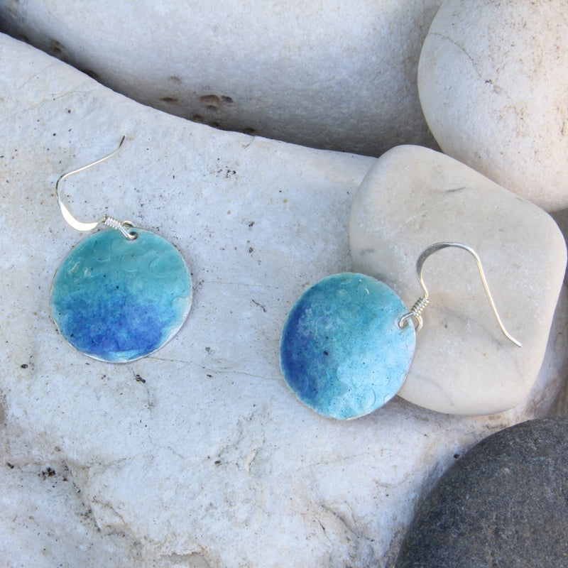 Handmade Recycled Sterling Silver Enamelled Earrings (Round) - blue, orange, turquoise, yellow, red or green