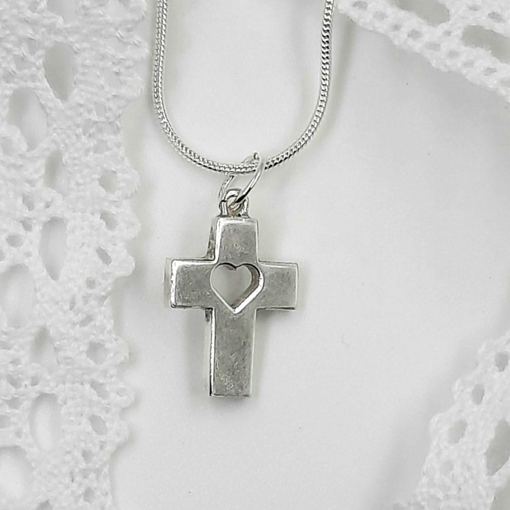 Sterling Silver Cross with Heart - Ideal for Communion