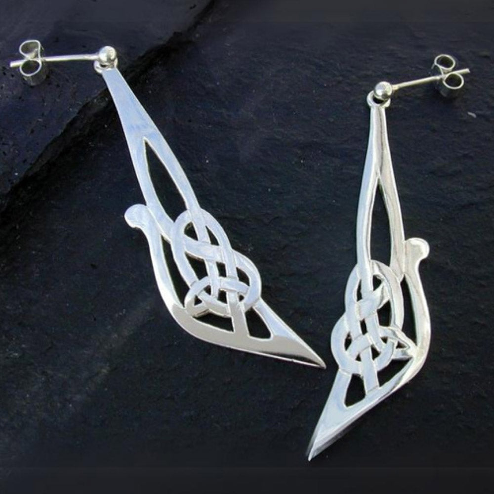 long triangular earrings to match the long celtic brooch, the long left part of the brooch has been used to design these earrings, attached to a ball and stem fitting