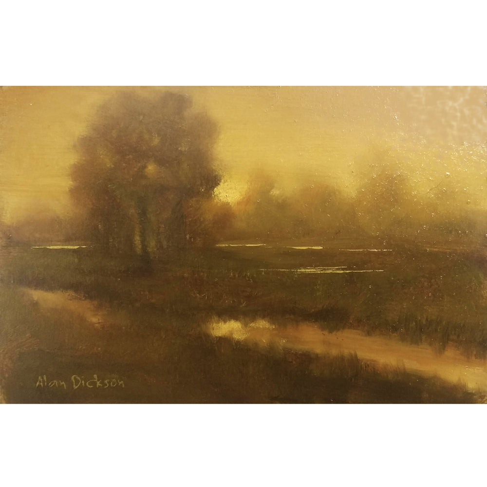 Irish river scene in golden tones by Alan Dickson, oil painting