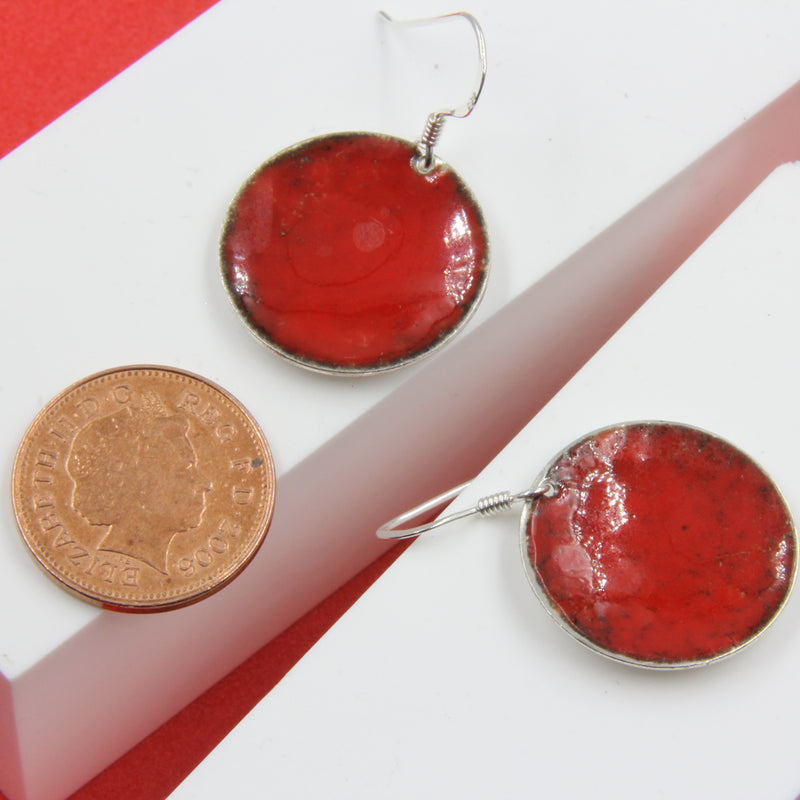 Sterling Silver Red Enamelled Round Earrings