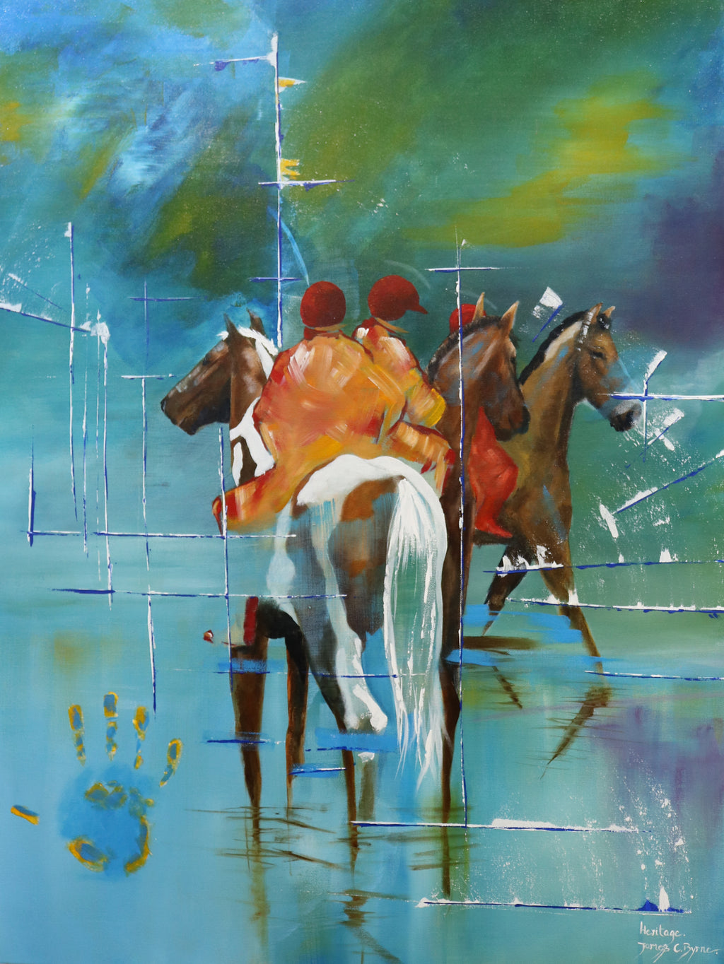 Bright vivid colours varying between blue turquoise, yellow and green, this is a great painting of horses with its riders by James C Byrne, part of Equine Essence exhibition in the Puffin Gallery, Ballycastle, Northern Ireland