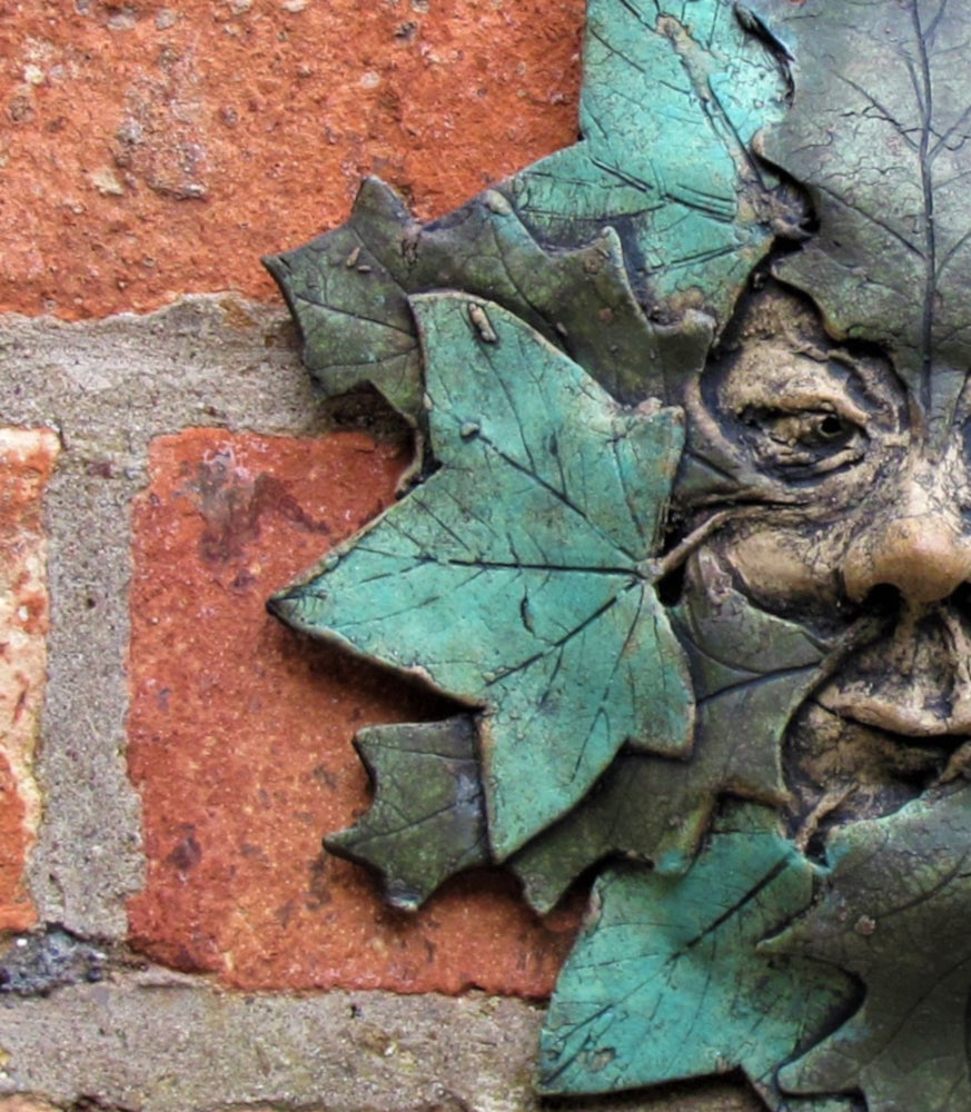 External Wall Green Ceramic Sculpture: GREEN MAN VI by Anna D, Mixed Media Artist