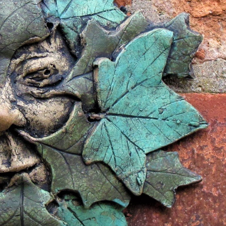 External Wall Green Ceramic Sculpture: GREEN MAN VI by Anna D, Mixed Media Artist
