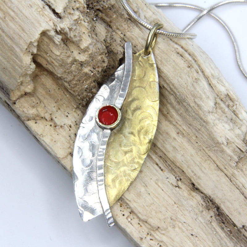Marquis Shaped Sterling Silver Pendant with Gold Plating and Red Enamel by Robert Spotten