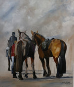 Horses getting ready for their next horse race with their helper, we can see the back of a dark brown and tawny horse heading away from the viewer. Another piece of equine art which is part of James C Byrne's exhibition:  Equine Essence