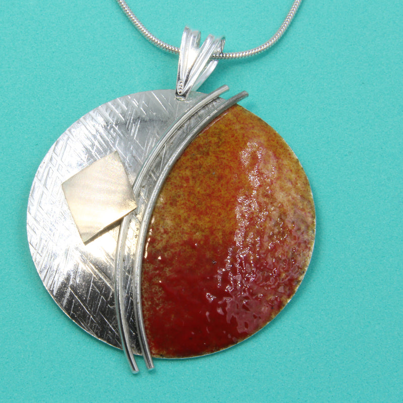 Large Orange Red, Enamelled Sterling Silver Pendant with Gold by Robert Spotten
