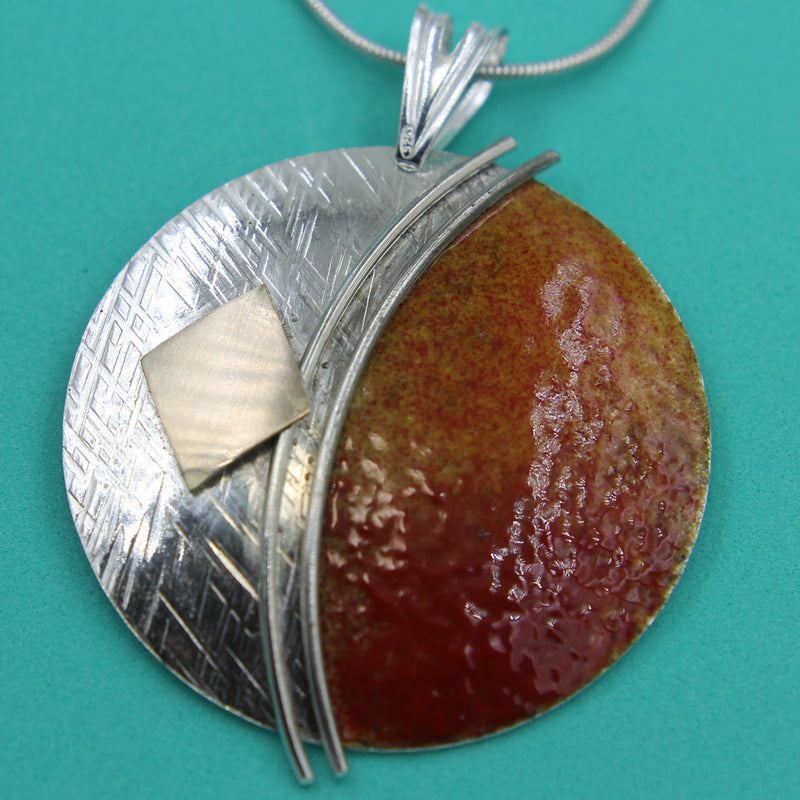 Large Orange Red, Enamelled Sterling Silver Pendant with Gold by Robert Spotten